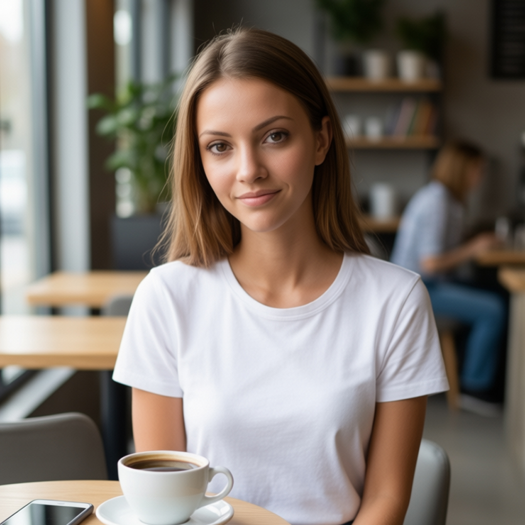 KI-Porträt von Lina mit einer Tasse Kaffee in einem Café